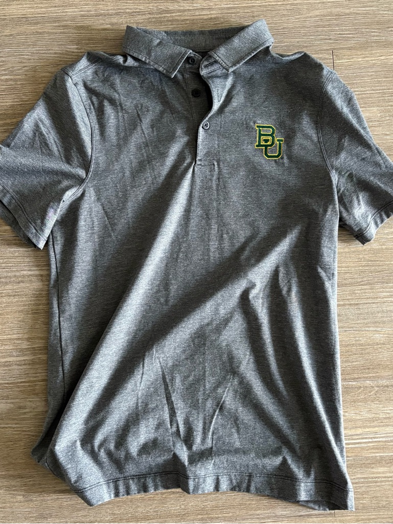 Lululemon Athletica Gray Polo With Green And Yellow Bu Crest